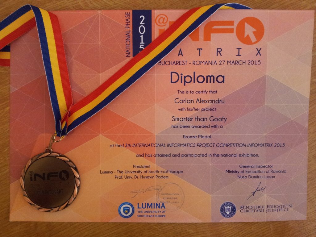 Diploma obținută la concursul InfoMatrix 2015
