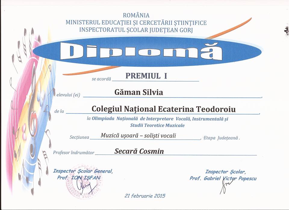 Premii la olimpiade si concursuri – Muzica / Actorie – 2015