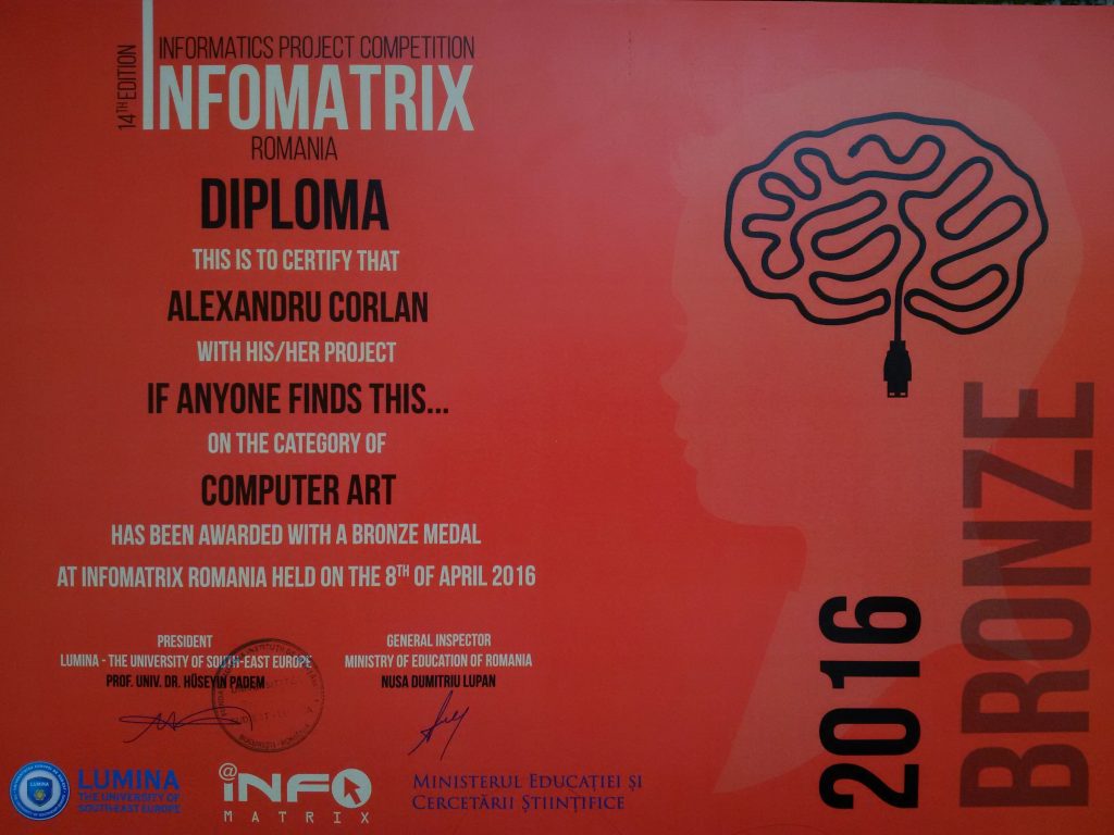 Diploma obținută la Concursul INFOMATRIX 2016