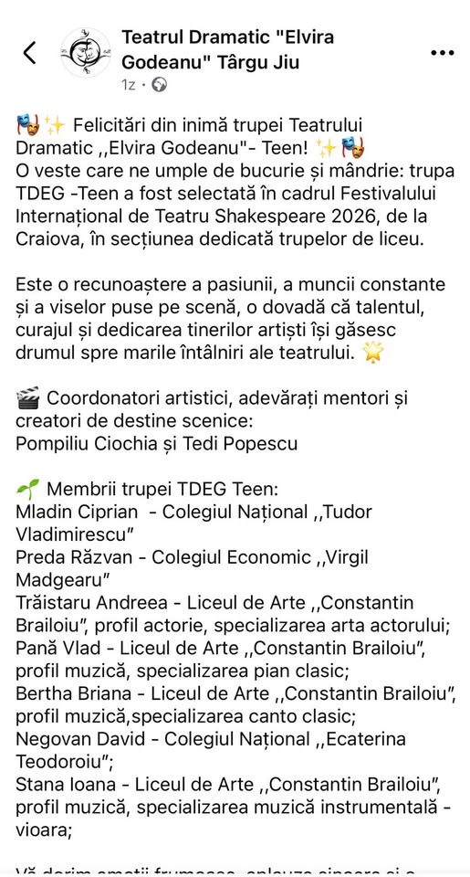 David Negovan, selectat cu trupa TDEG-Teen la Festivalul Internațional de Teatru Shakespeare 2026
