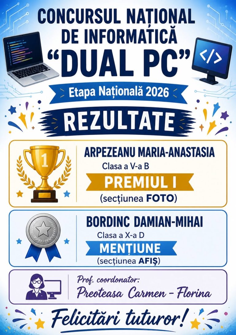 Maria-Anastasia Arpezeanu și Damian-Mihai Bordînc, premiați la Concursul Național „Dual PC”