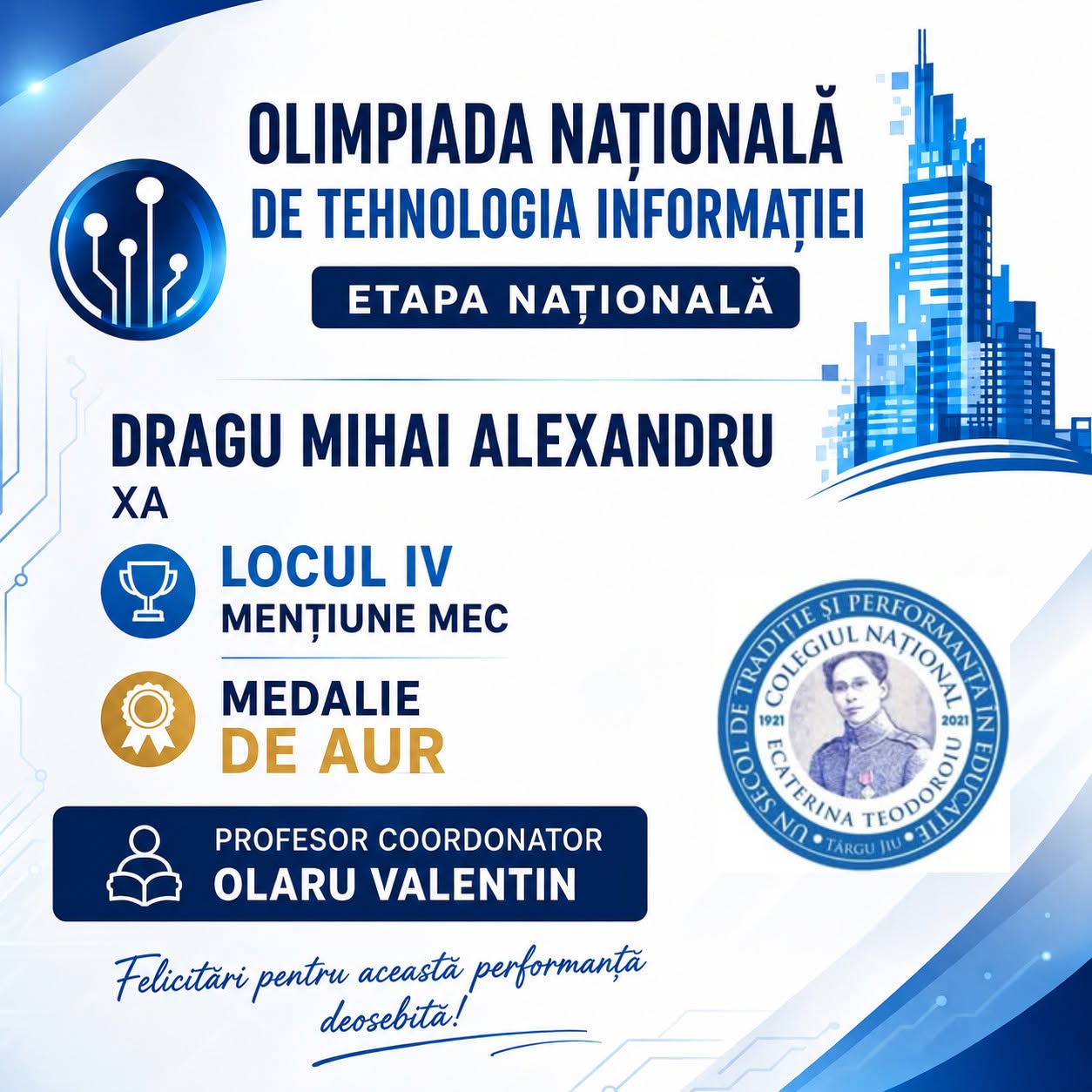 Dragu Mihai Alexandru, medaliat cu aur la Olimpiada Națională de Tehnologia Informației și Comunicațiilor