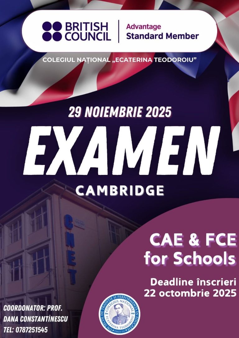 Examene Cambridge CAE și FCE for Schools la CNET – 29 noiembrie 2025