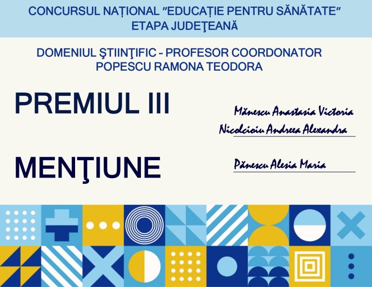 Premiul III și mențiune la Concursul Național „Educație pentru sănătate”