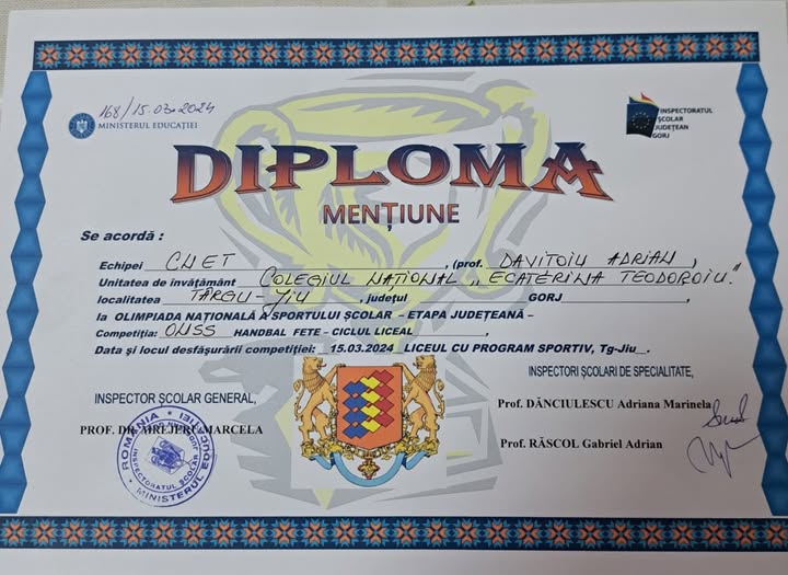 Mențiune pentru echipa de handbal fete la Olimpiada Sportului Școlar 2024