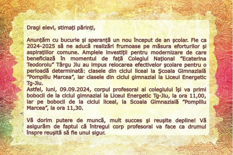 Mesaj pentru începutul anului școlar 2024–2025