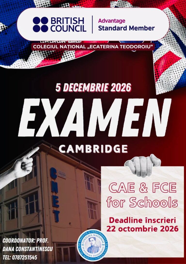 Înscrieri pentru examenele Cambridge FCE și CAE la CNET – 5 decembrie 2026